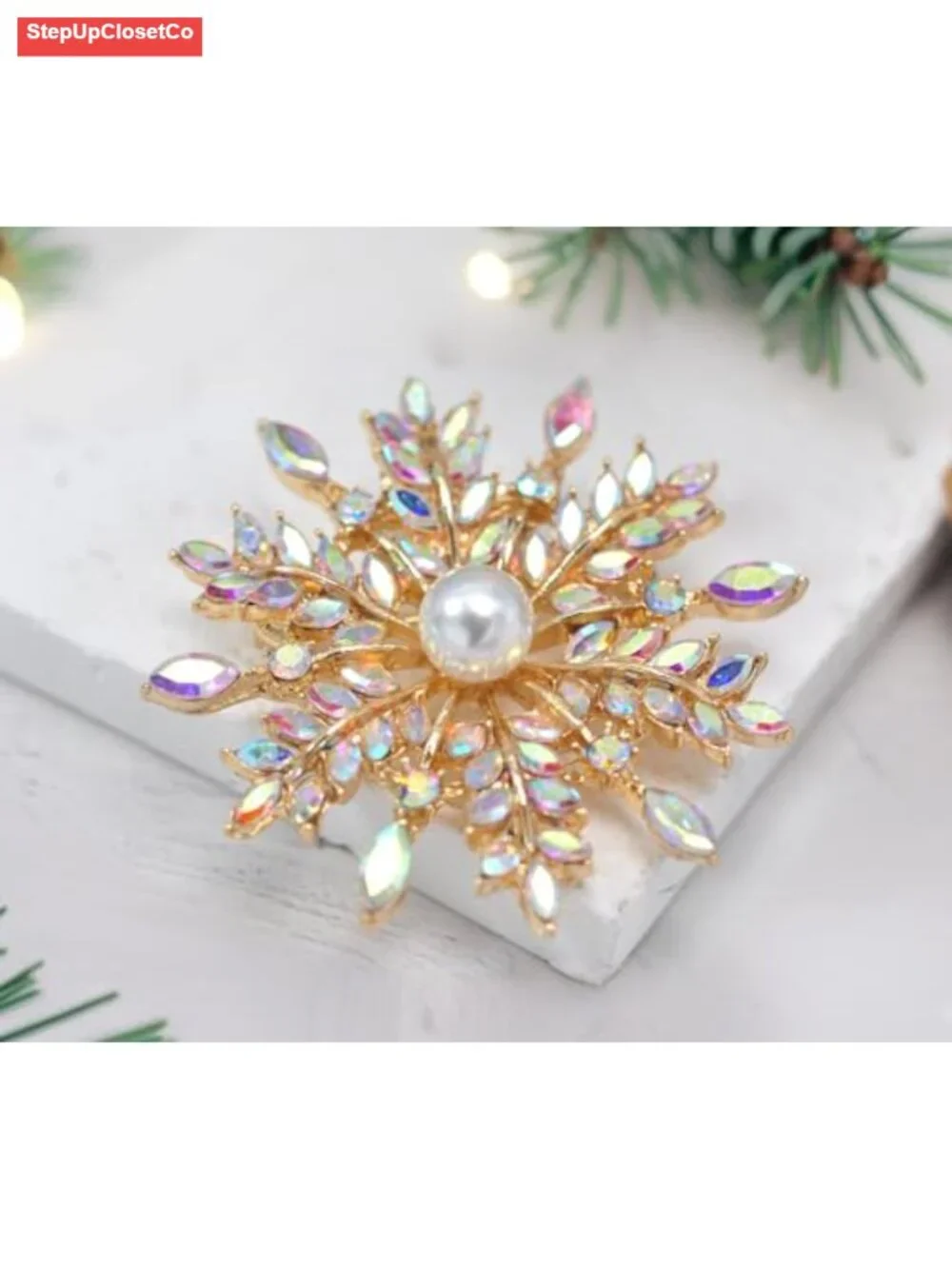 Iridescent Crystal Snowflake Flower Brooch Pin Convertible Pendant Gold-Tone